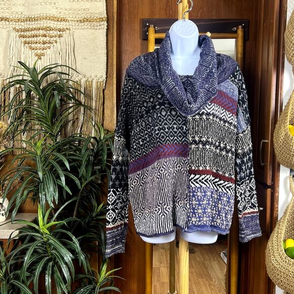 Free People Patchwork Cowl Neck Sweater M | Oversized Fair Isle Boho Knit Grunge - Picture 1 of 15